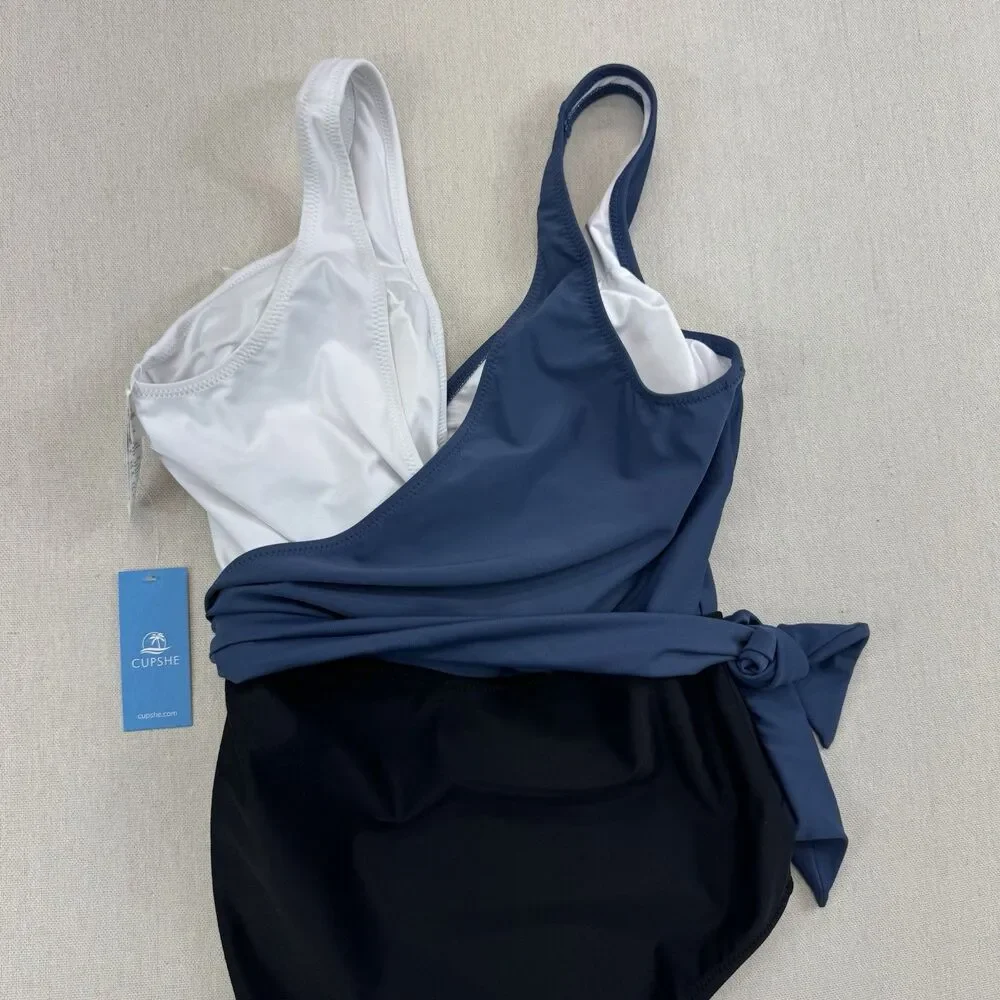 CUPSHE One Piece Swimsuit M Blue White Black Colorblock Wrap Tie NWT Medium
